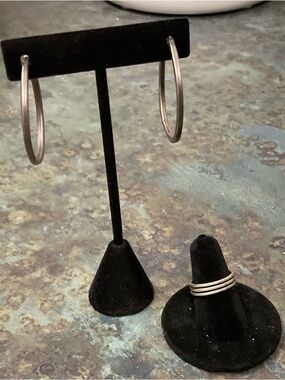 Sterling Silver Hoop Earrings and Ring Set - Silver